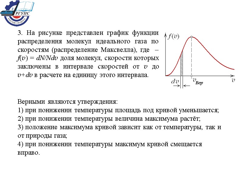 3. На рисунке представлен график функции распределения молекул идеального газа по скоростям (распределение Максвелла),